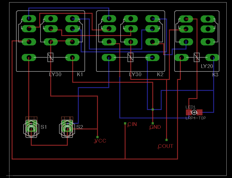 Image of a mock up relay board with two switches (A,B) an LED Bit and COUT output, and power